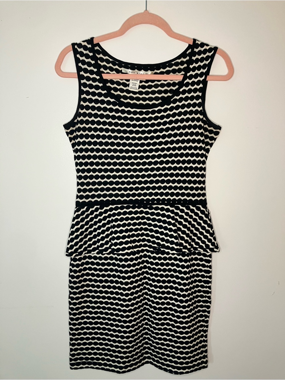 Max Studio SMALL Black & White Polka Dot Peplum Dress Sleeveless Bodycon